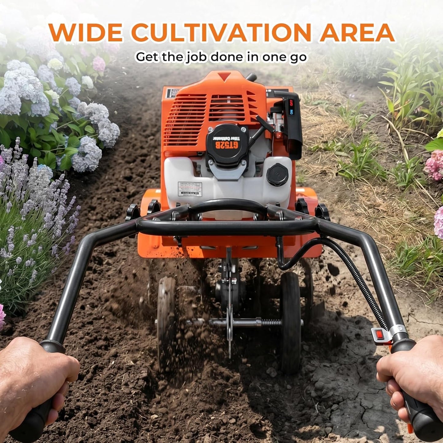 72CC 2-Stroke Gas Tiller Cultivator - 10" Working Width & 5" Depth, Heavy Duty Gasoline Powered Rototiller with 3-Gear Adjustable Handle, High-Speed Soil Cultivator for Lawn, Garden & Farm