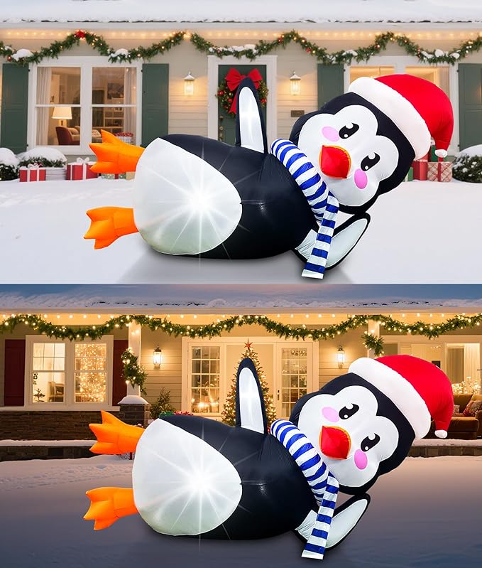 10Ft Christmas Inflatables Outdoor Decoration, Inflatable Penguin with Scarf Laying Down Christmas Blow Ups Yard Decoration for Garden, Lawn, Home Xmas Holiday Season Decor