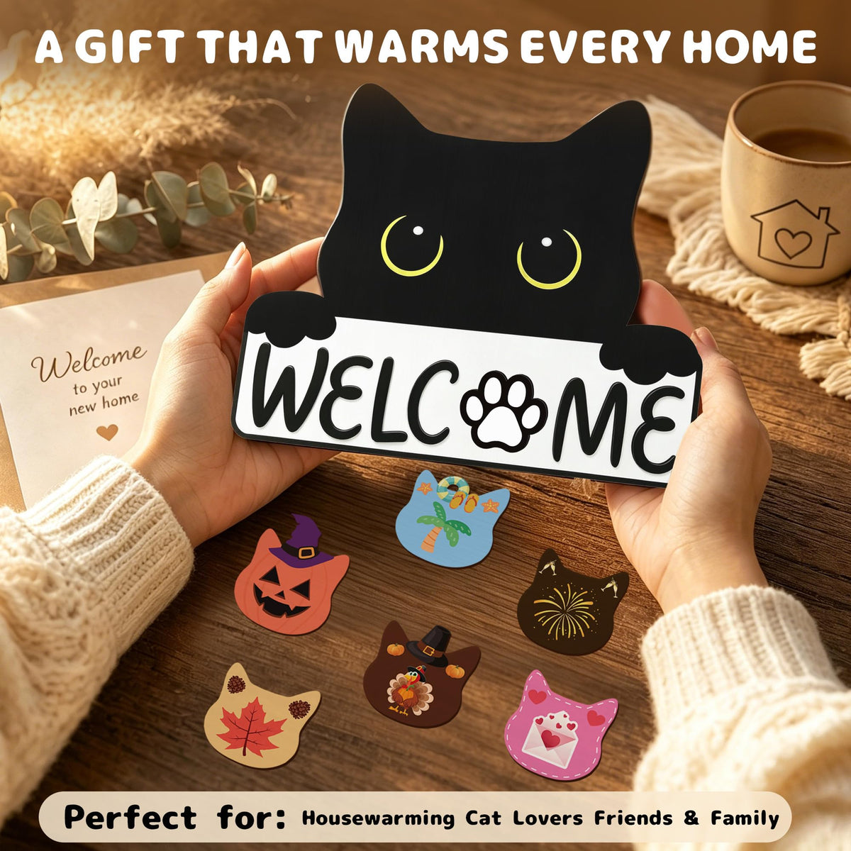 ZenDecor Cute Cat Interchangeable Welcome Home Sign for Front Door, Farmhouse Wooden Door Hanger with 18 Seasonal Icons, Porch, Entryway & Wall Decor, Housewarming Gift