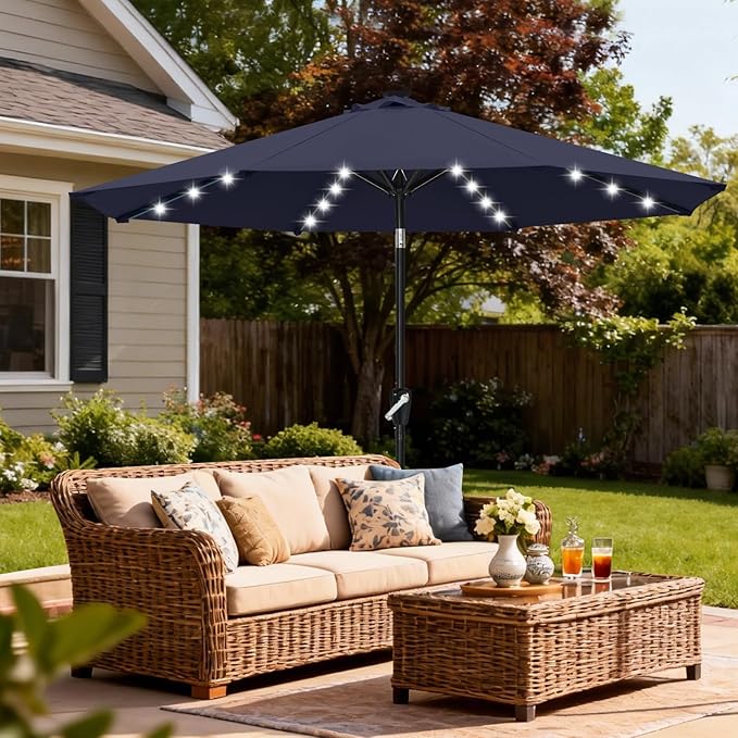 ABCCANOPY Durable Solar Led Patio Umbrellas with 32LED Lights 9FT (Navy Blue)