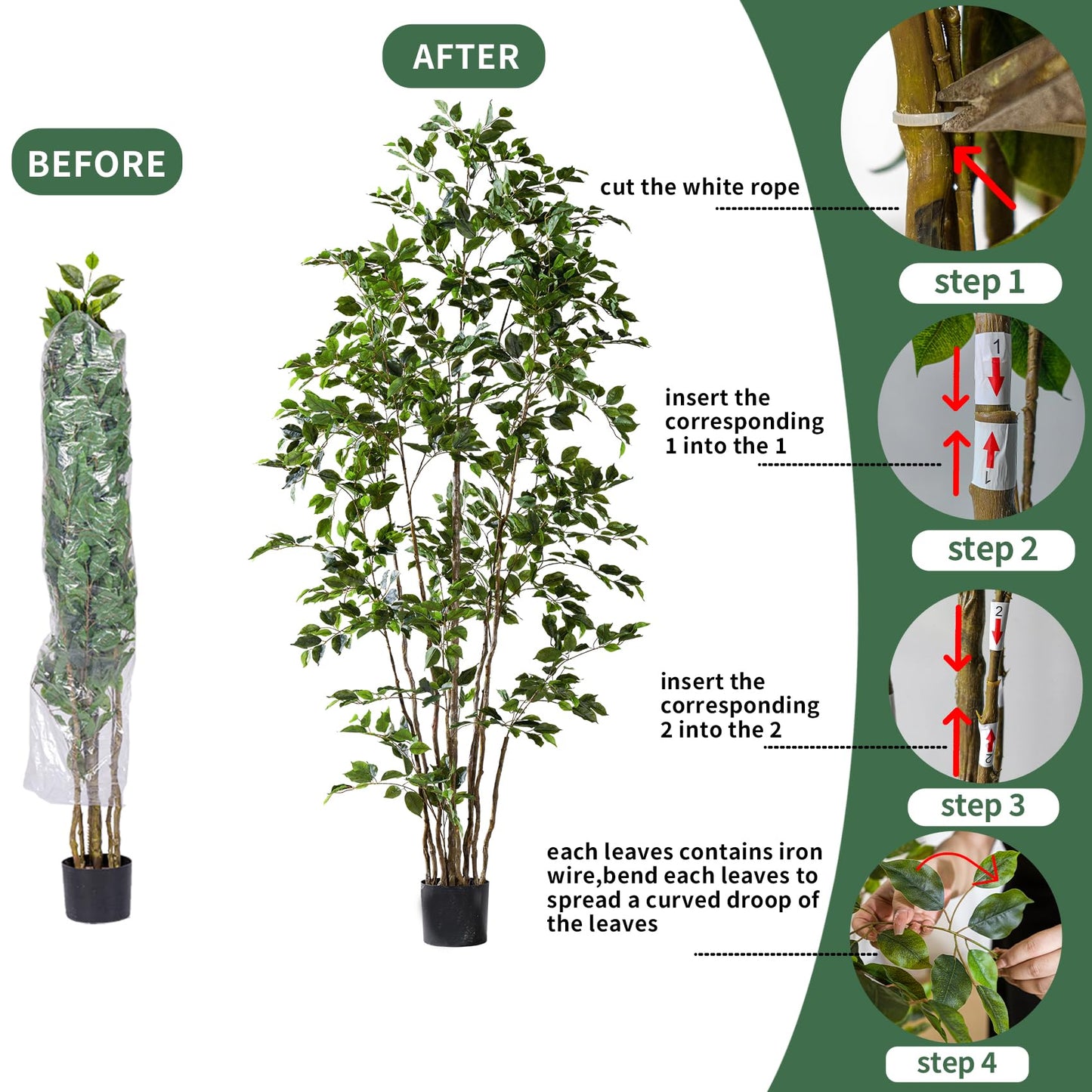 Bailikang Artificial Ficus Tree Indoor 6ft, Large Potted Faux Tree with Realistic Silk Leaves & Trunk for Home Office, Living Room Corner Decor