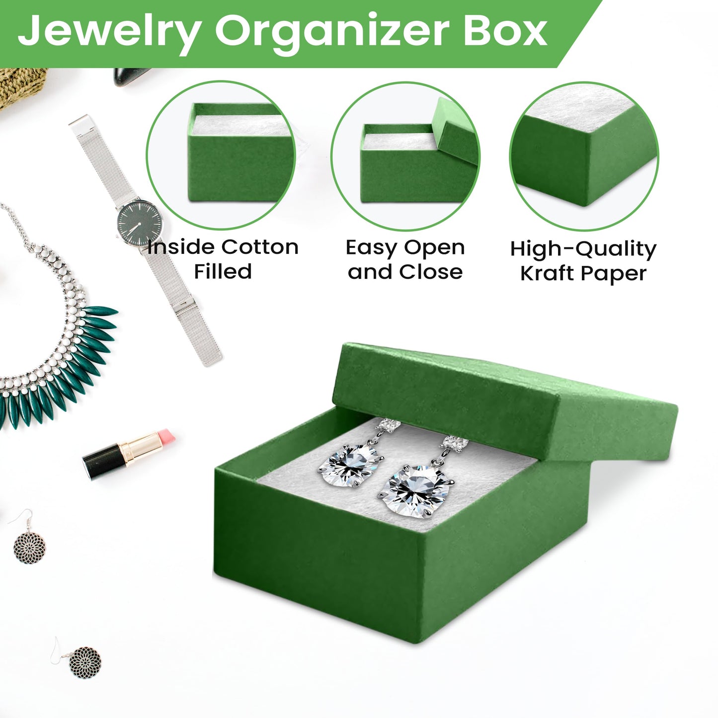 Novel Box 20 Pack Green Jewelry Gift Box 3x2.25x1in with Cotton Filled | Cardboard Jewelry Box | Gift Boxes with Lids Made in USA | Boxes for Bracelet Necklace Ring Earrings