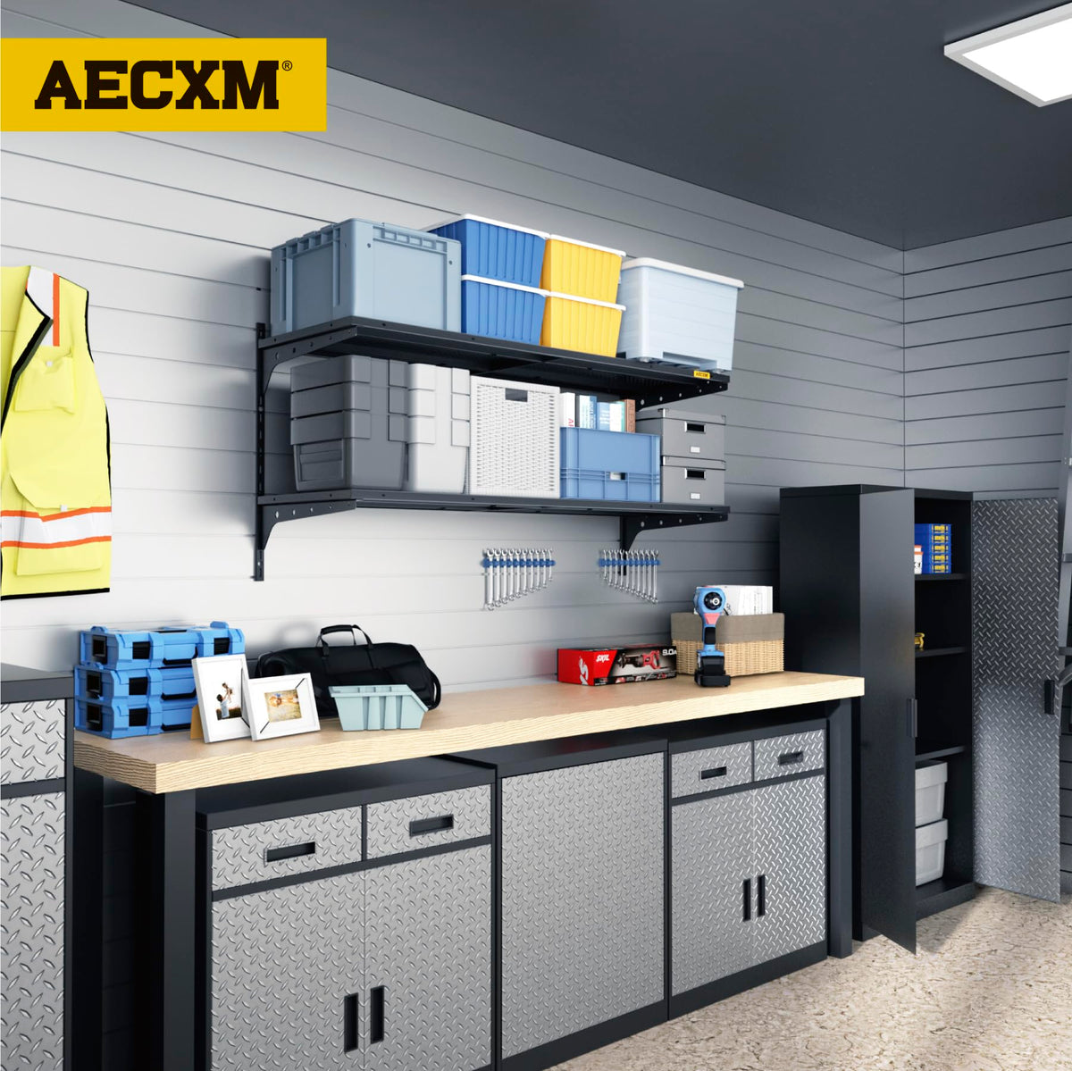 Aecxm 1pack×2 Tier 1.3x4ft Garage Shelving Wall Mounted, 260lbs Load Capacity,15.6x48inch per Shelf Height Cassette Adjustable Floating Shelves, Black