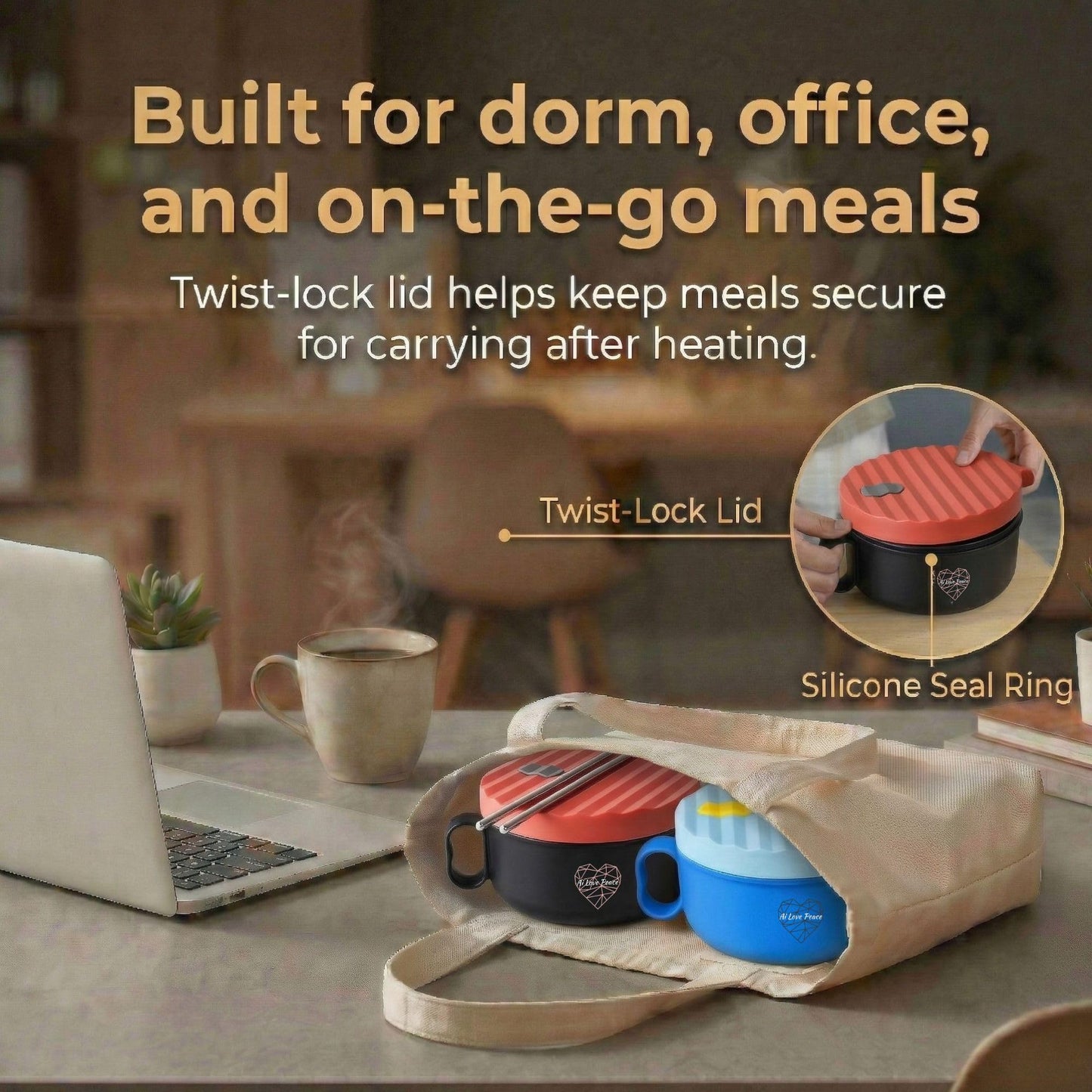 AI LOVE PEACE Ramen Bowls, 40 oz Large Microwavable Noodle Bowls (1 Blue, 1 Red) with Chopsticks, Sporks, and Utensil Bag, Portable Microwave Bowl for Home, Office, Dorm, or College Gift.