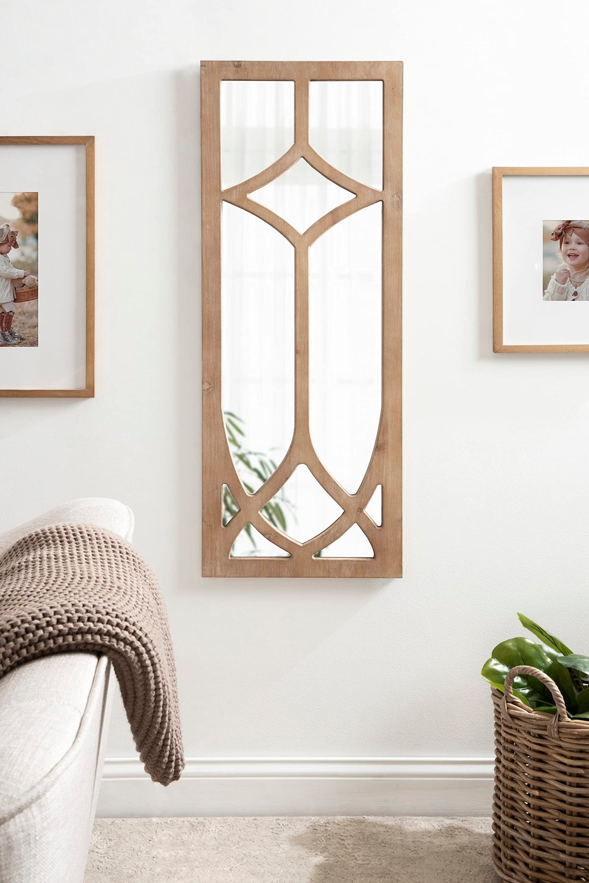 Kate and Laurel Pierette Windowpane Mirror, 16 x 42, Natural Wood, Tall Framed Cathedral Arched Wooden Overlay Mirror