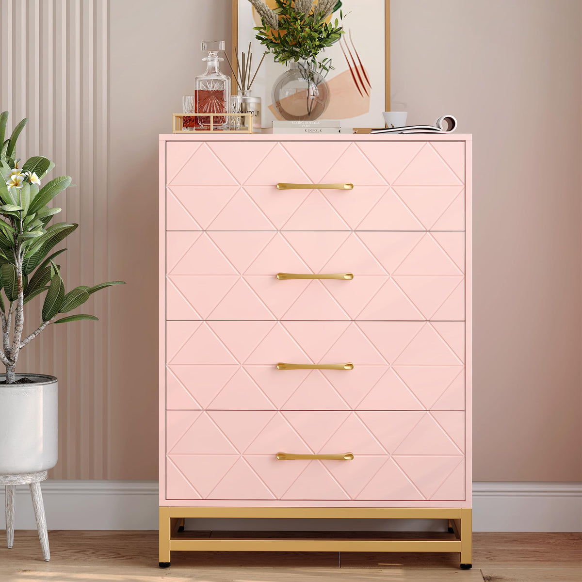 GarveeHome Wooden Dresser for Bedroom, Dressers & Chest of Drawers with 4 Drawer, Wood nightstand for Storage and Organization (Pink)