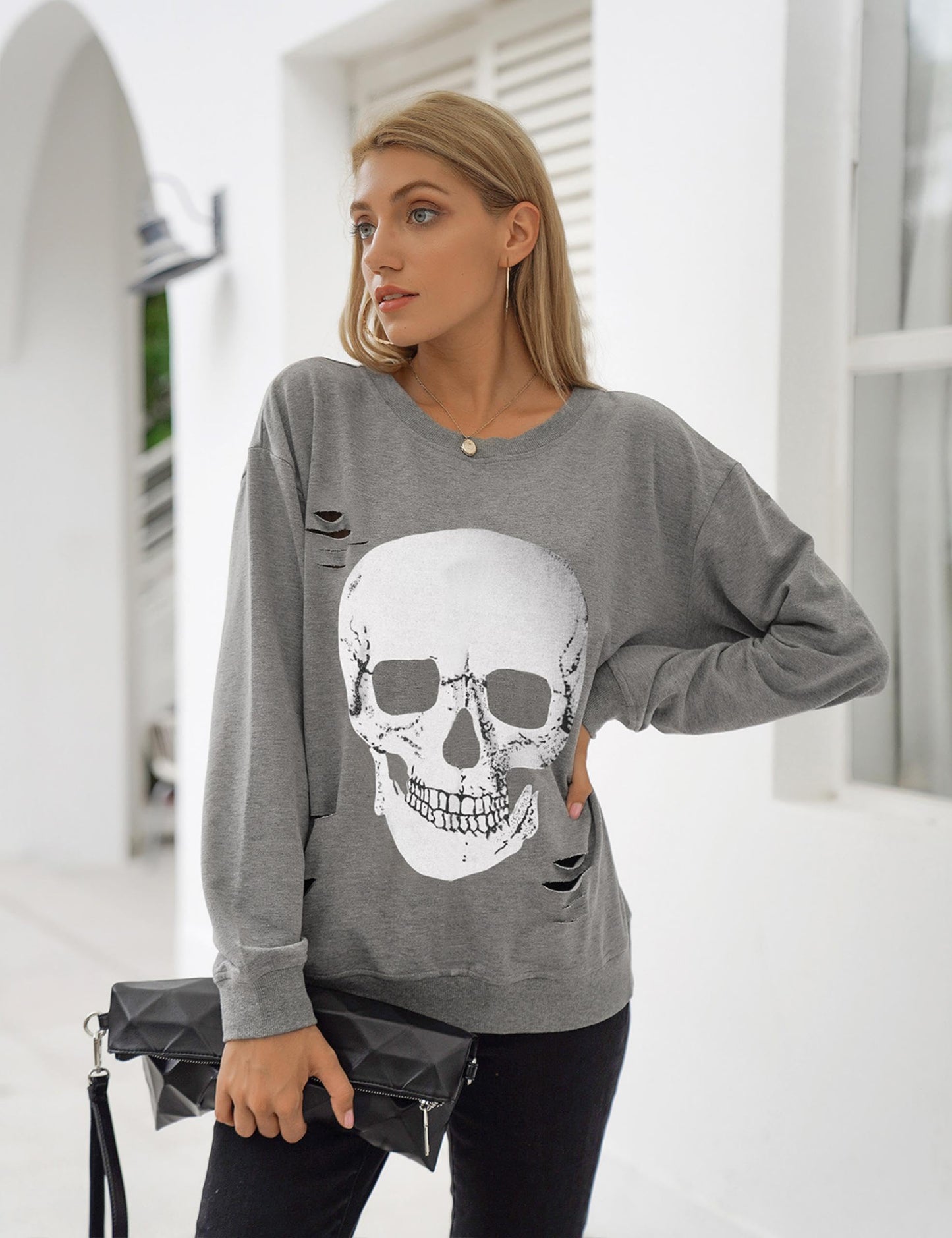 Blooming Jelly Women's Halloween Sweatshirts Skull Graphic T Shirts Long Sleeve Skeleton Shirt Trendy Fall Tops (X-Large, Grey)