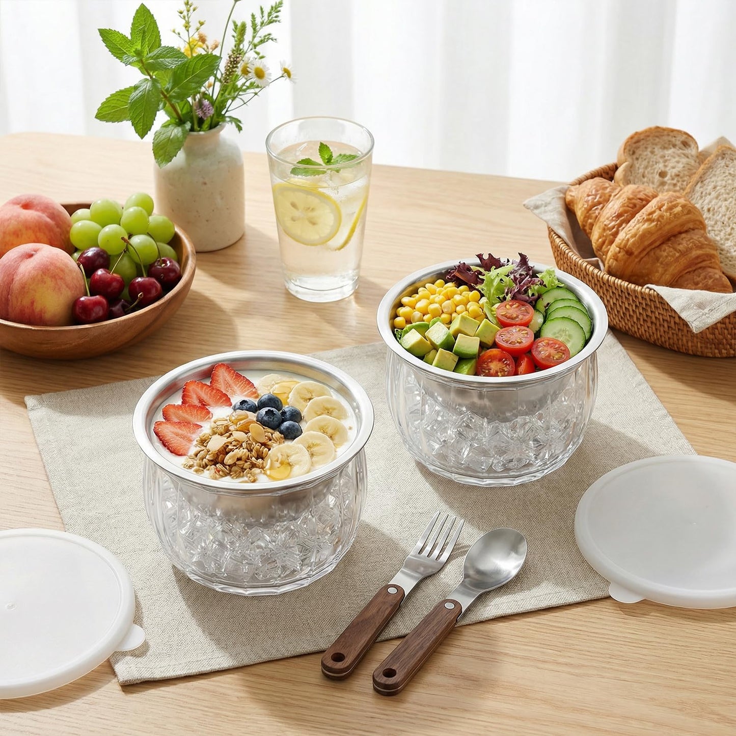 Chillnstay 2-Pack Stainless Steel Chilled Dip Bowls with Lids, Dip Bowls on Ice with Ice Bases, Stainless Steel Spoon and Fork for Salsa, Guacamole, Hummus, Caviar and Appetizers