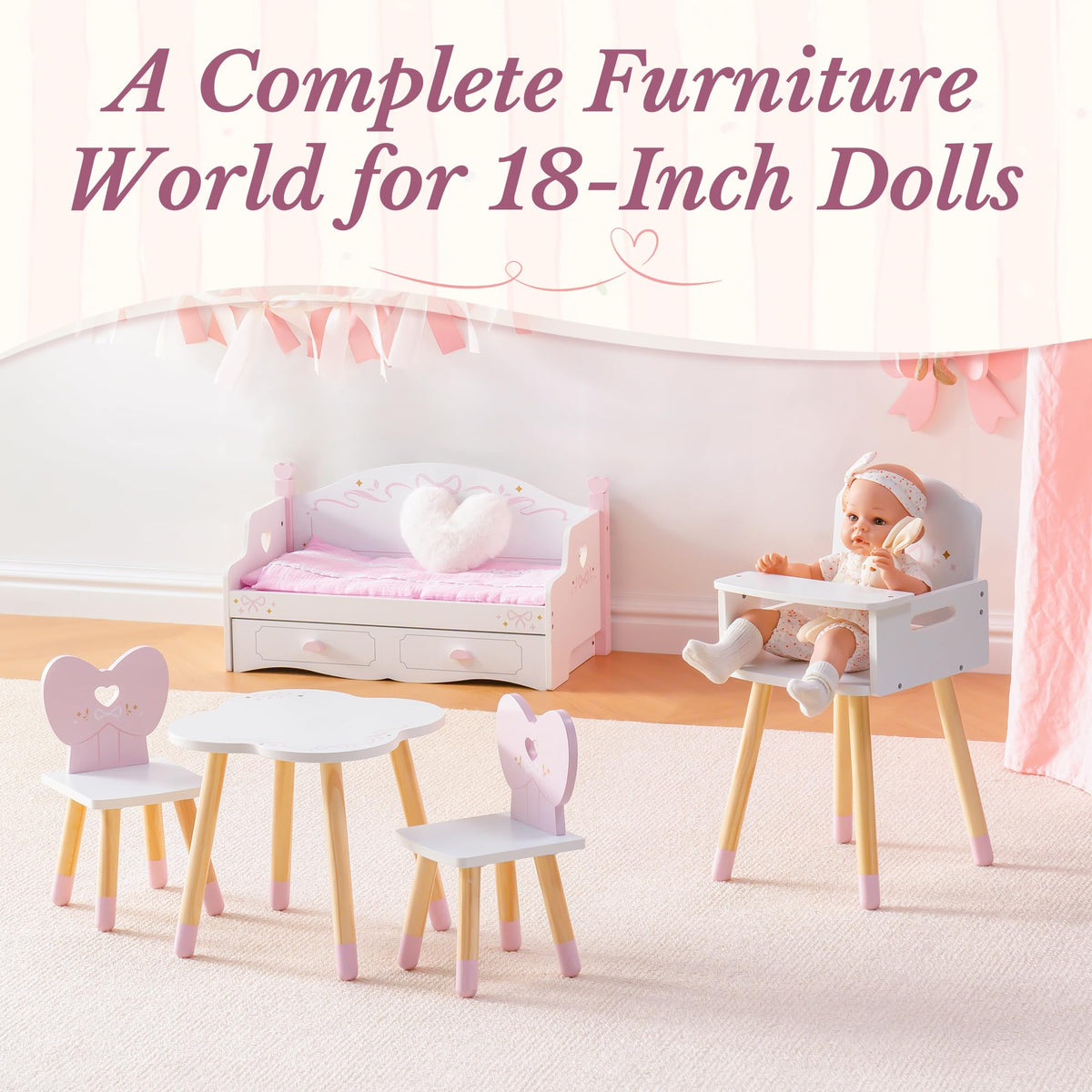 ROBUD Wooden All-in-One Baby Doll Changing Table with Mattress, Removable Sink, 2 Fabric Drawers, Bed Bell, Doll Furniture with Realistic Details for Kids 3+, Fits Dolls Up to 20 in, Pink