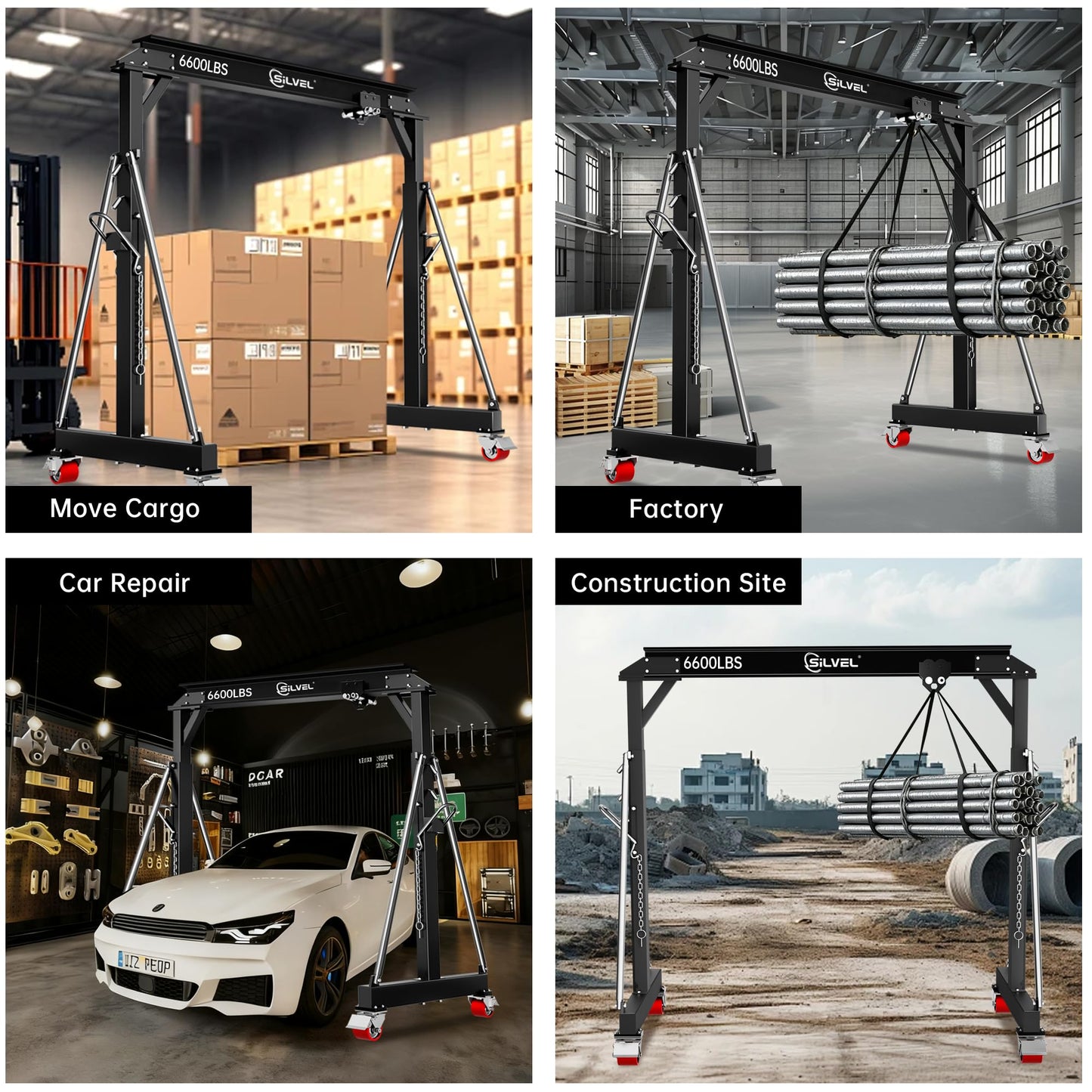 SILVEL 3 Ton 6600Lbs Gantry Crane, 8.53FT Maximum Working Width, Adjustable Height 8.53-12.47FT, Portable Shop Lift Hoist with 3 Ton Manual Trolley for Factories, Warehouses, Garage, Black
