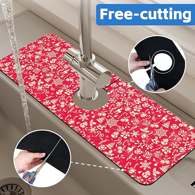 Christmas Reindeer Bell Snowflake Kitchen Sink Splash Guard Mat Absorbent Fast