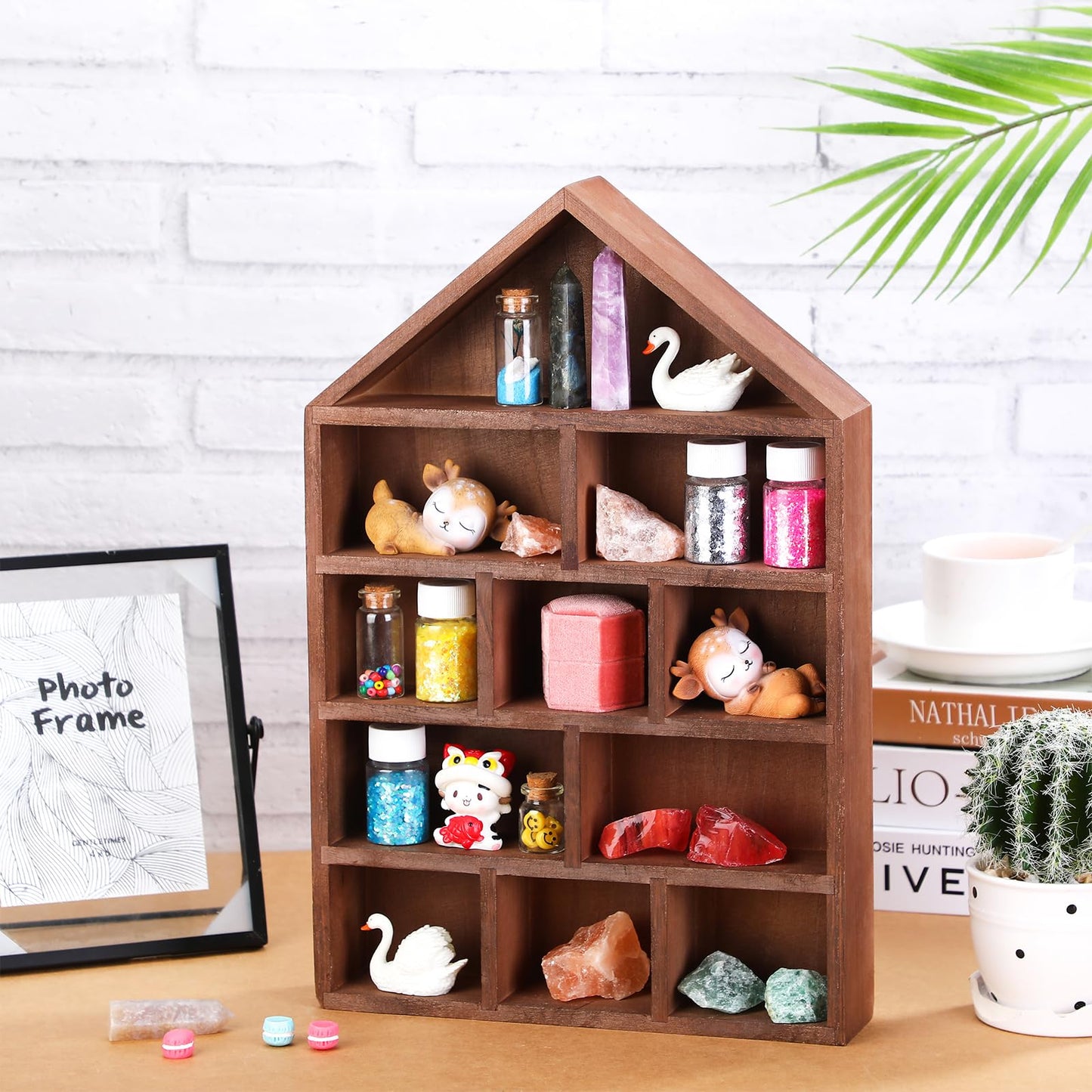 Threehoney House Shaped Wooden Shadow Cubby Box 10 W x 2 1/4 D x 15 H Hanging Display Shelf Organizer Wall Mounted Curio Cabinet Wooden Display Case Miniature Shelf for Figures (Brown)