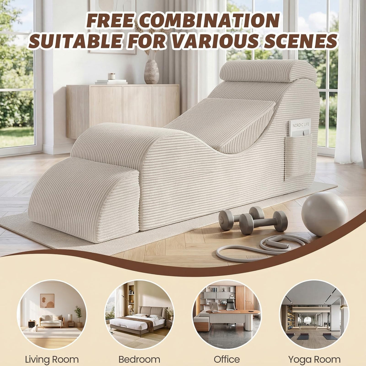 Yoga Chair Lounge for Adult, Ergonomic Foam Chaise Lounge Chair Indoor with Side Pocket, Headrest, Waist Pad, Ottoman, Perfect for Stretching, Massage, and Relaxation, No Assembly Required(Beige)
