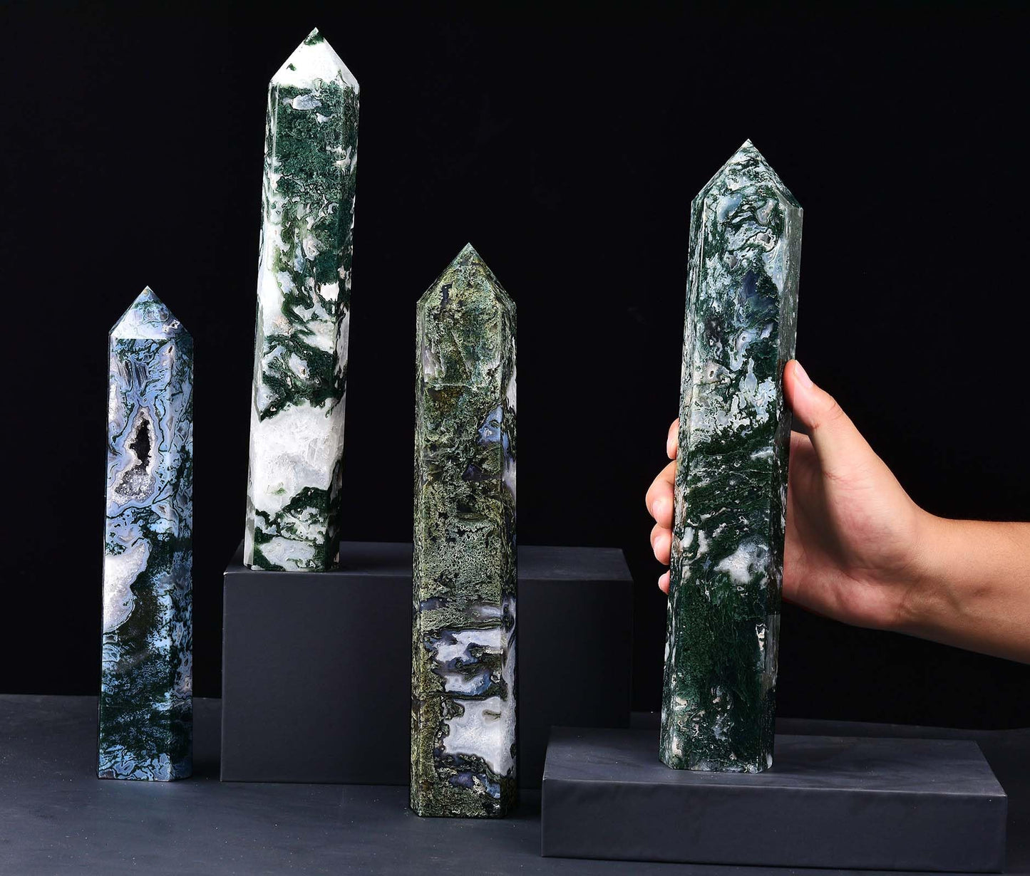 AMOYSTONE Extra Large Healing Crystal Obelisk Towers Moss Agate Point Wand Home Decor Reiki Healing 4.4-4.8LBS