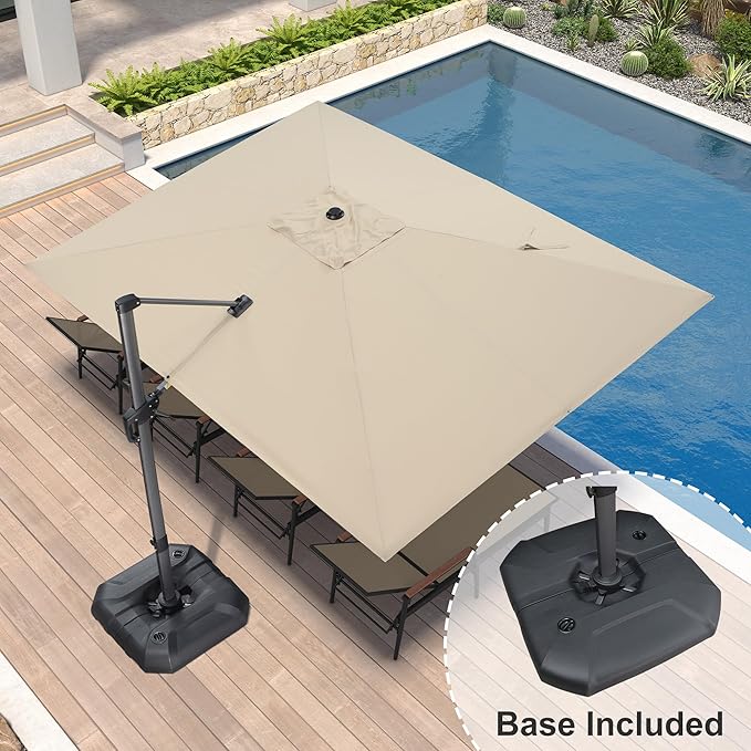 PURPLE LEAF 9' X 11.5' Patio Umbrella with Base Outdoor Cantilever Rectangle Umbrella Offset Umbrella with 360-degree Rotation for Garden Deck Pool Patio, Beige