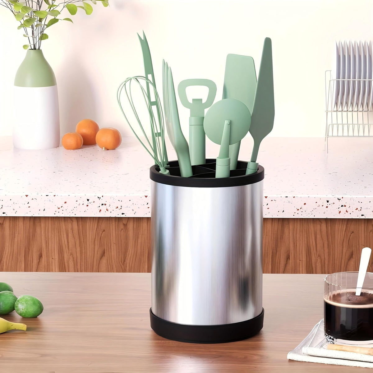 TIMENIL Kitchen Utensil Holder for Countertop, 360°Rotating Cooking Utensil Crocks,4 Compartment Stainless Steel Utensil Holder,6.7”Large Utensil Crock Spoon Fork Knife Holder For Kitchen Counter