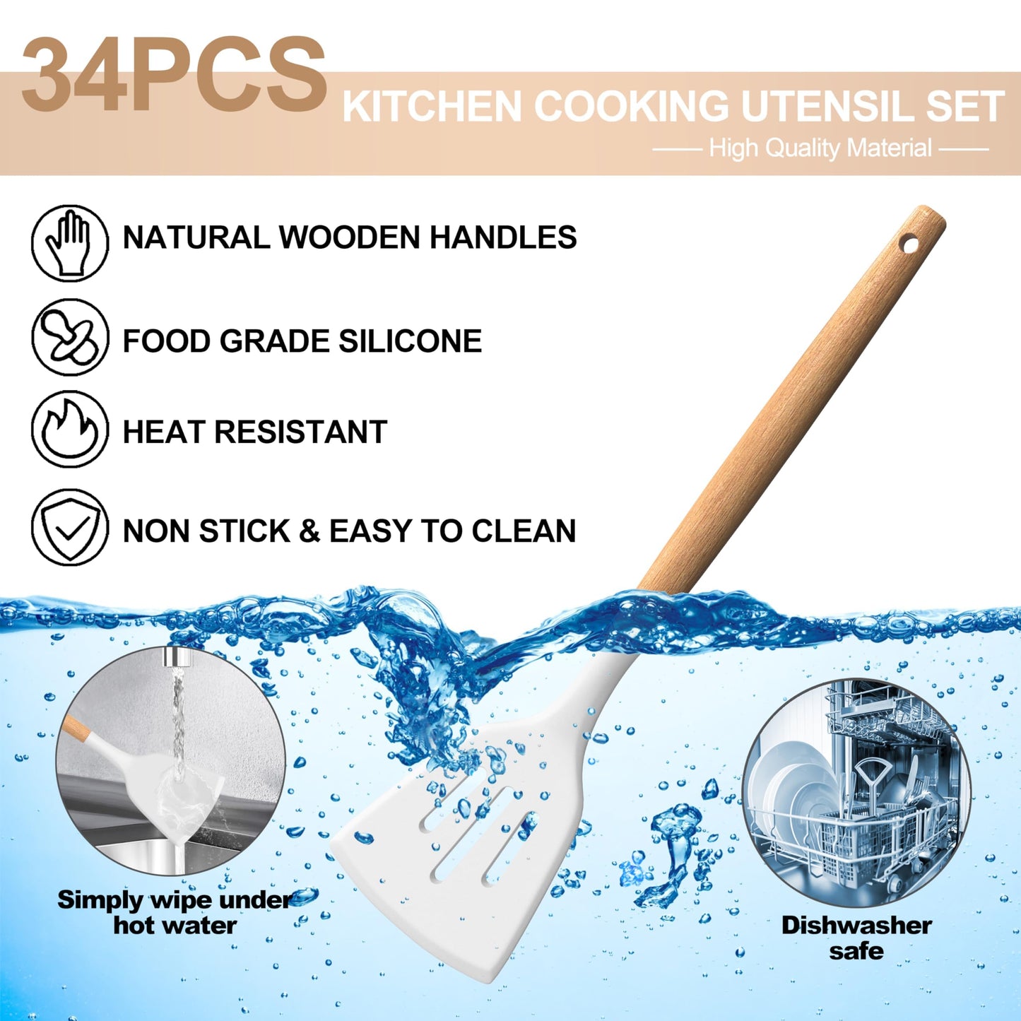 Silicone Cooking Utensils Set, 43Pcs Non-Stick Heat Resistant Kitchen Utensils Spatula Set with Wooden Handle for Baking, Cooking, and Mixing, Best Kitchen Gadgets Tools with Holder (White)