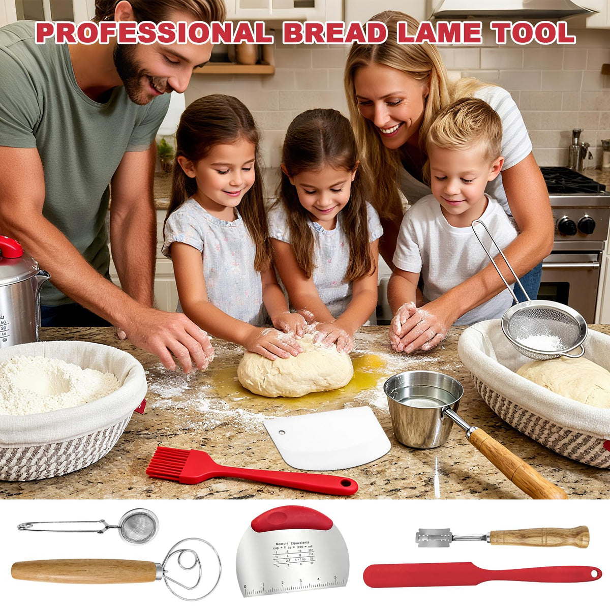 Sourdough Bread Baking Supplies, Sourdough Starter Kit with Cotton Rope Oval & Round Bread Proofing Basket and Sourdough Starter Jar, Artisan Bread Making Kit Ideal Gift for Bakers, Women Wife Mom Red