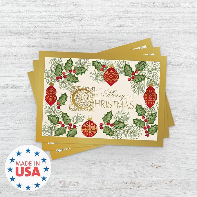 Masterpiece Antique Ornament Christmas Cards / 15 Festive Evergreen Holly Holiday Card Set With Foil Accents And White Envelopes / 5 5/8" x 7 7/8" Winter Greeting Cards With Inside Verse