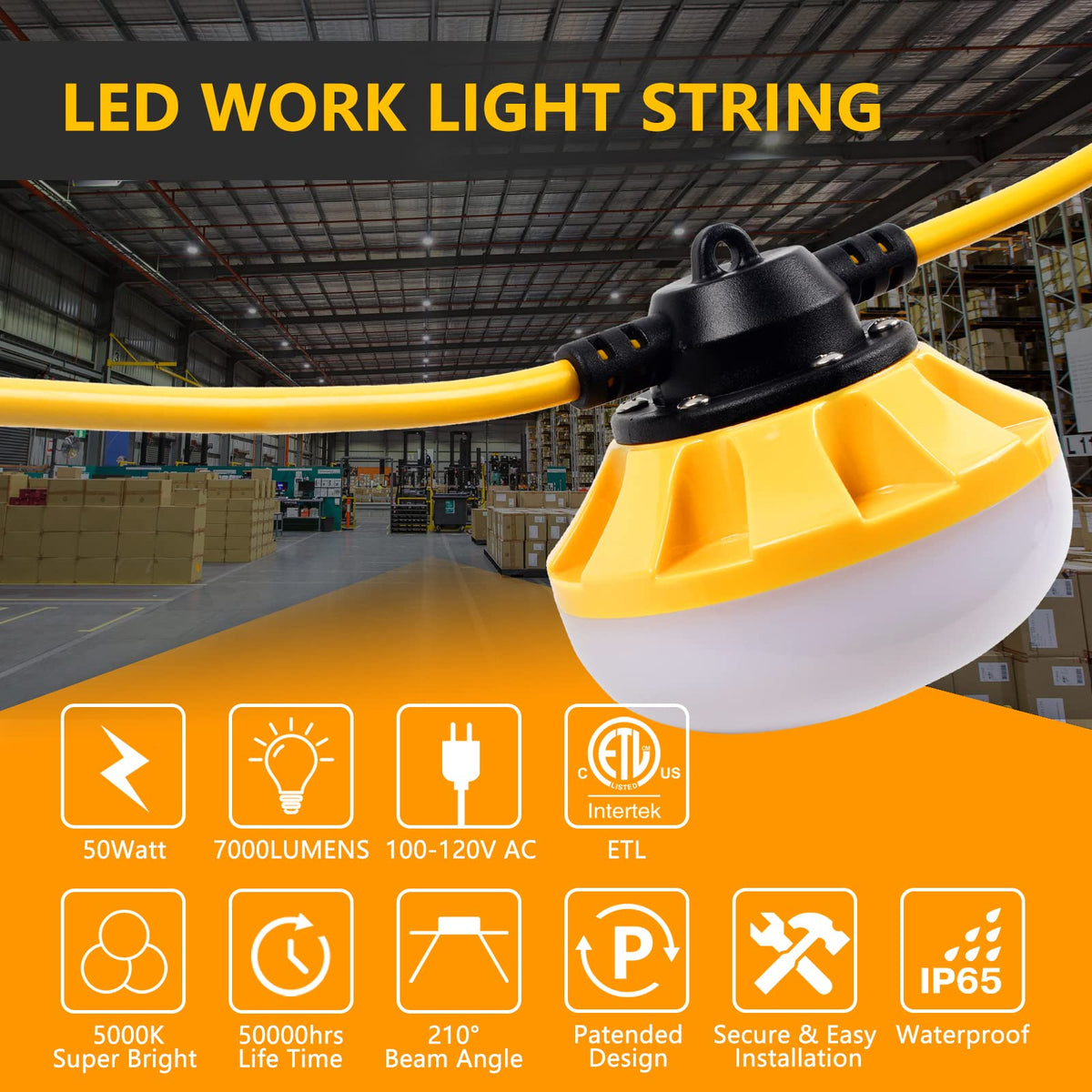 Alitamei 200FT Construction Lights, 200W Temporary Lighting with 20 Medium Base Sockets (E26), Bright Linkable Job Site Lighting LED Work Lights for Indoor Outdoor Construction Lighting