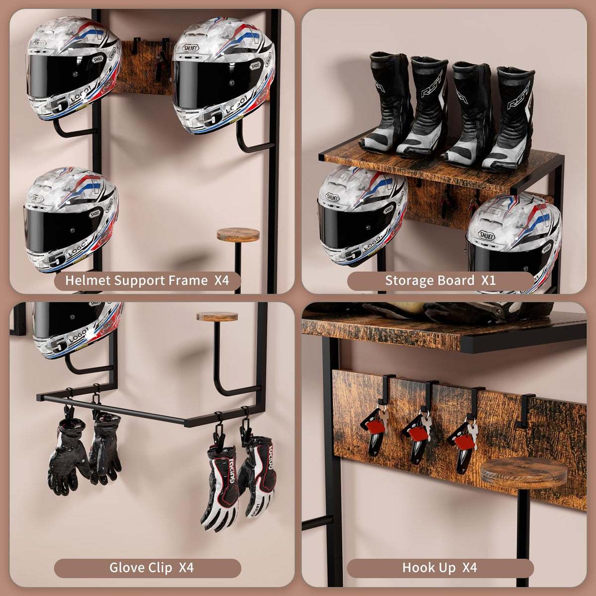 OMISRUIS Motorcycle Helmet Holder Wall-Mounted Helmet Rack with 4 Glove Chips& Hooks - Rustic Bike Helmets Storage Organizer, Universal Wall Mount for Helmets, Gear, Clothes, Accessories,Retro
