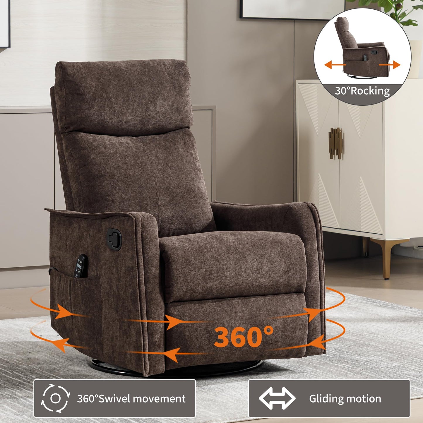 KEIKI Heat Massage Manual Recliner Chair with Rocker and Swivel, 360° Swivel 8-Point Massage Heat Classic Polyester Rocker for Living Room Family Gathering Space, Rich Traditional Brown