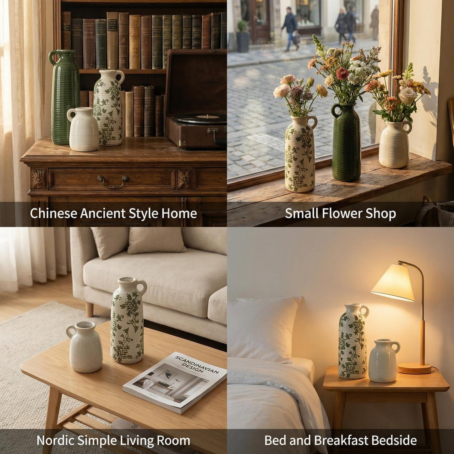 LIFESTYLO Ceramic Vase Set of 3 with Handles, Green White Neutral Rustic Modern Farmhouse Boho Decor, Versatile as Table Centerpiece or Mantel & Shelf Accent - Unique Home Gift Idea