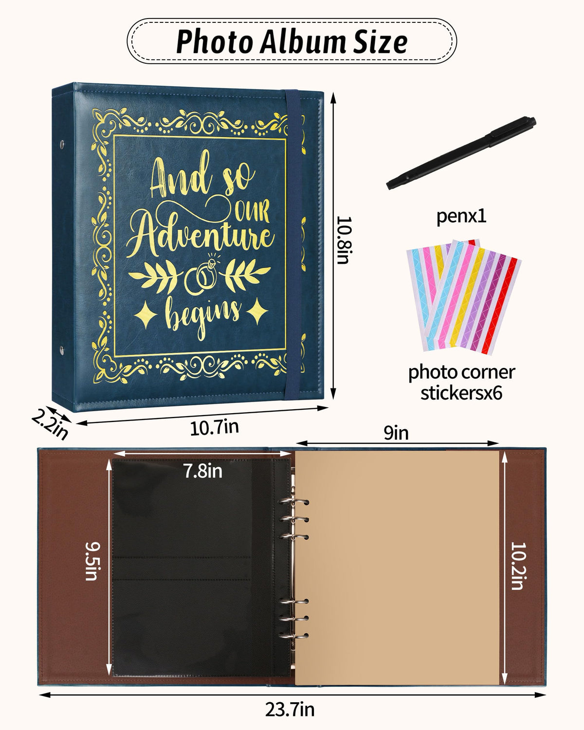 4x6 Wedding Photo Album Holds 100 Photos & 20 Acid-Free Writing Sheets, Leather Scrapbook And So Our Adventure Begins, Romantic Memory Book for Couples, Bride & Groom Wedding Gift (Blue)