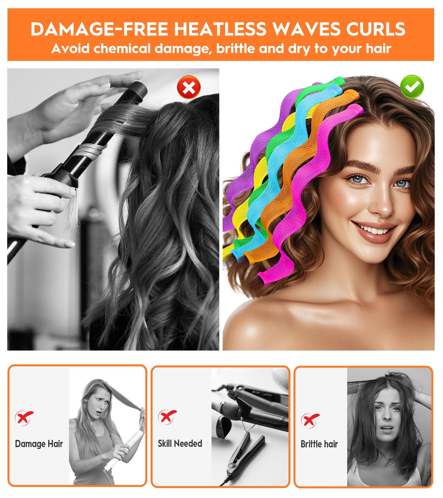 YEVYO 30 Pcs Heatless Hair Curlers Wave Curls Styling Kit with 2 Pcs Styling Hooks, No Heat Hair Curlers Heatless Wave Curlers for Women Girls Long Medium Short Hair (6 Colors, 30 cm/11.81 inch)