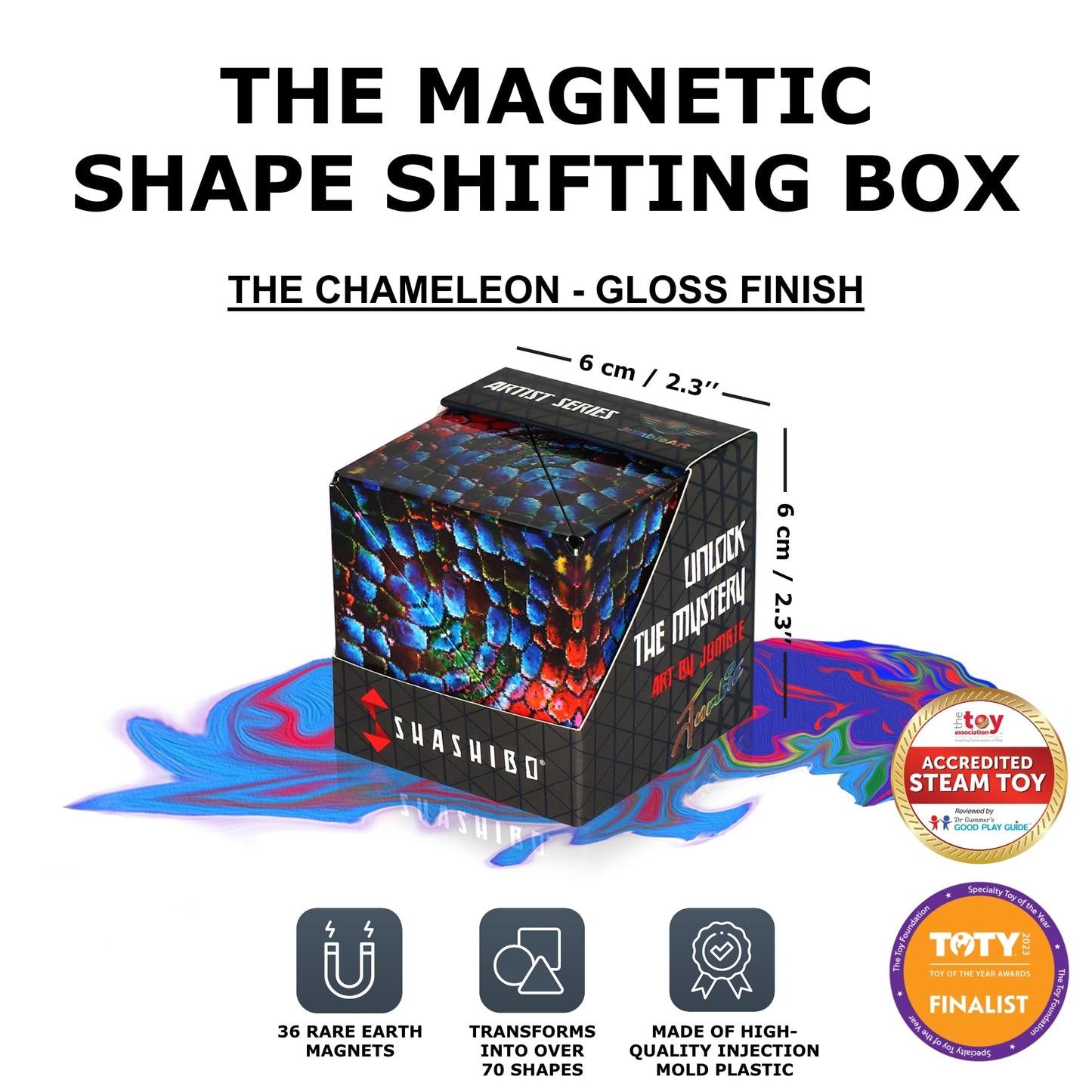 SHASHIBO Shape Shifting Box - Award-Winning Age 8+, Patented Fidget Cube w/ 36 Rare Earth Magnets - Transforms Into Over 70 Shapes, Download Fun in Motion Toys Mobile App (Artist Series-The Chameleon)