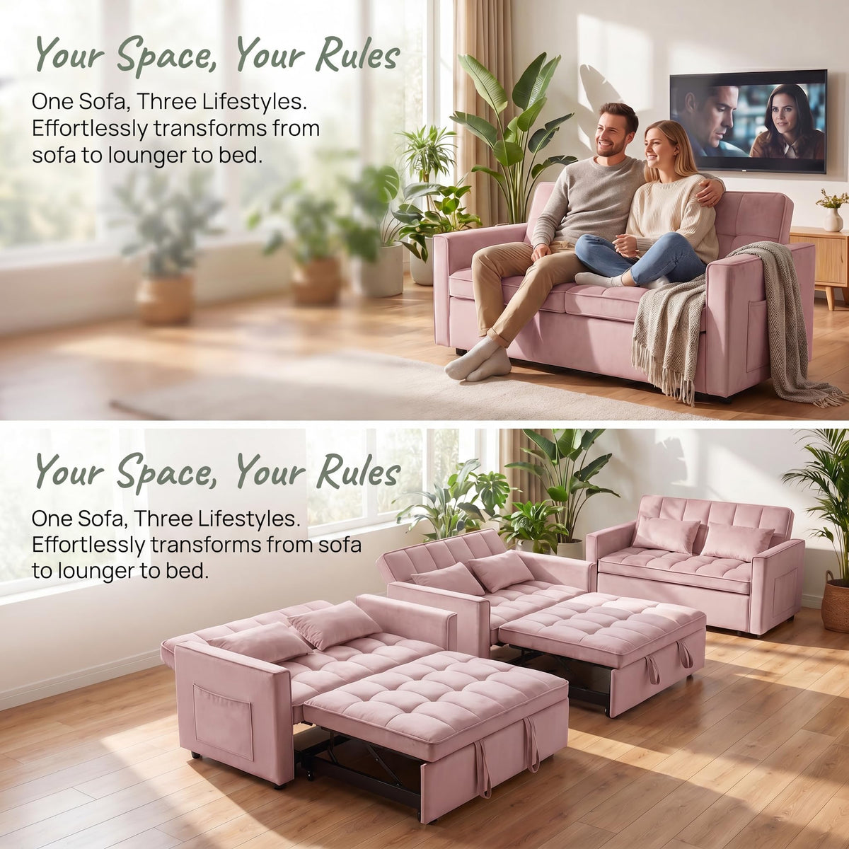 NicBex Sleeper Sofa Bed, Pull Out Couch Bed with Adjustable Backrest, Velvet Fabric Sleeper Sofa with Side Pocket, Convertible Loveseat Sleeper Sofa for Small Space, Living Room, Bedroom, Pink