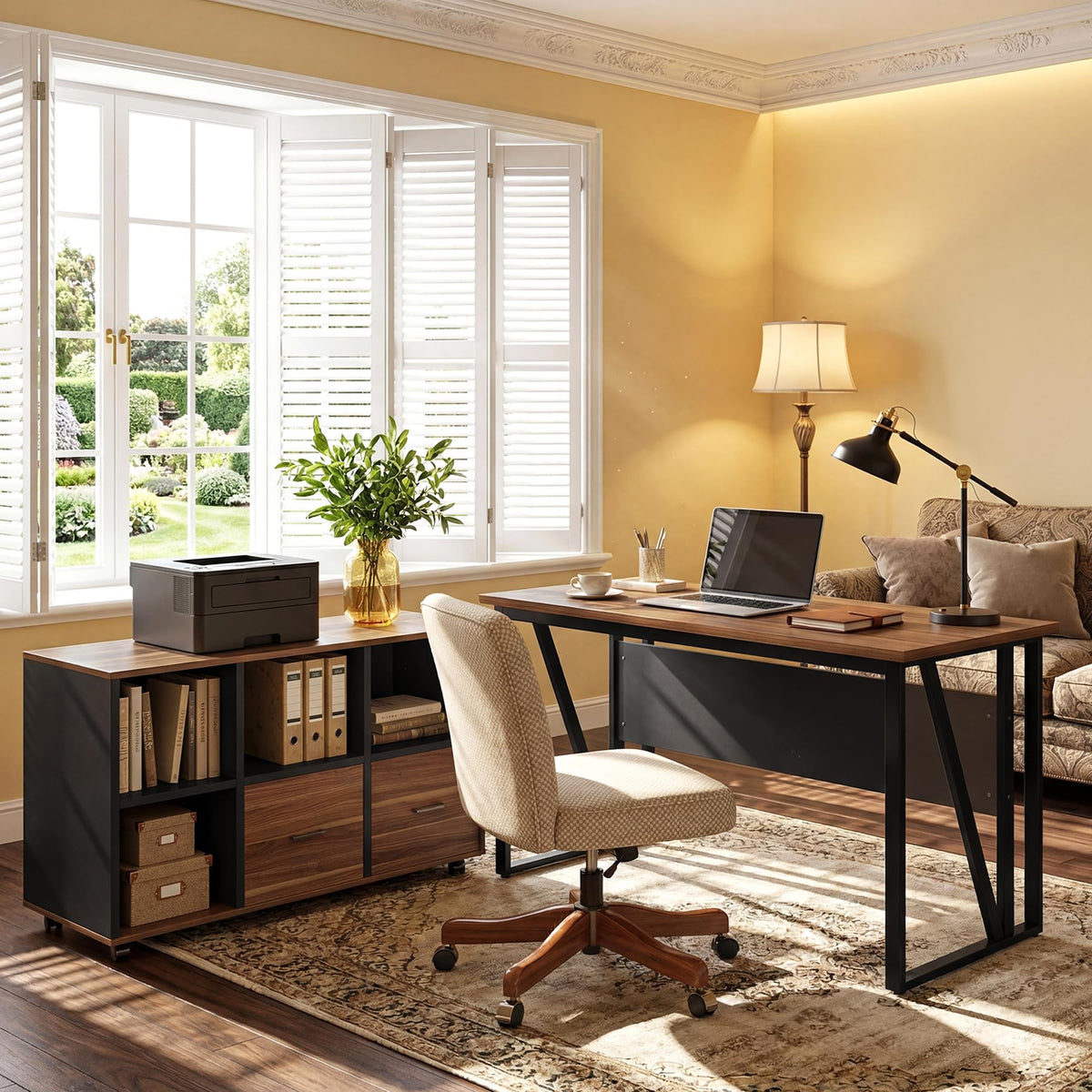 Tribesigns 55-Inch Executive Desk with 43" Mobile File Cabinet, L-Shaped Computer Desk with Drawers & Shelves, Large Industrial Home Office Desk Set with Storage, Brown & Black