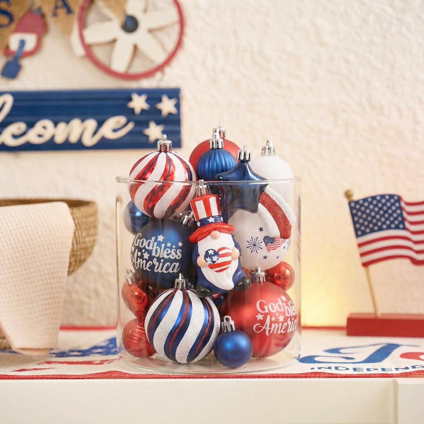 Valery Madelyn 4th of July Tree Decorations for Patriotic Memorial Day Ornaments, 50ct Large Red White Blue Shatterproof Americana Gnome for Independence Day USA 250th Anniversary Hanging Ball Decor