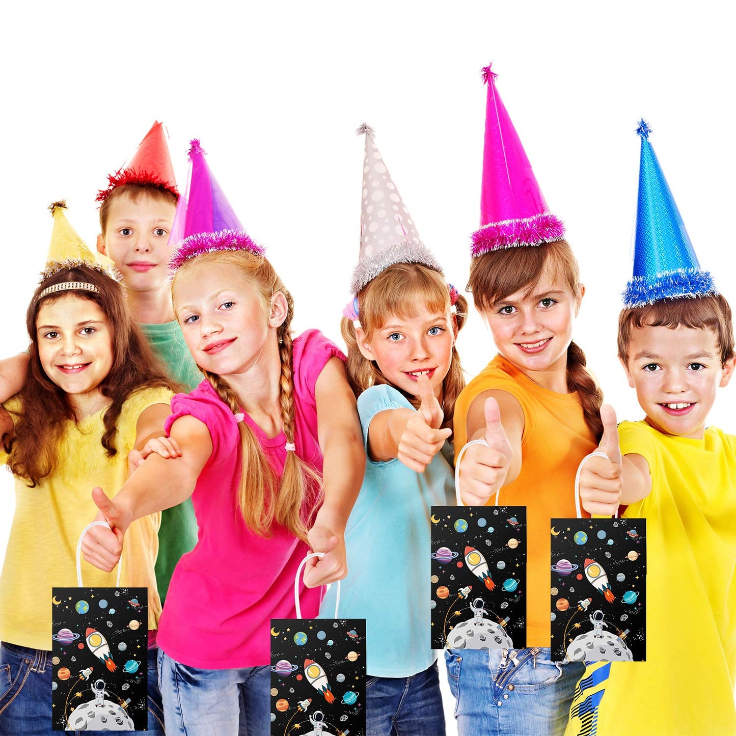 Outus 24 Pcs Outer Space Gift Bags Paper Space Treat Bags with Handles Planet Galaxy Party Favor for Birthday Galaxy Theme Party Supplies