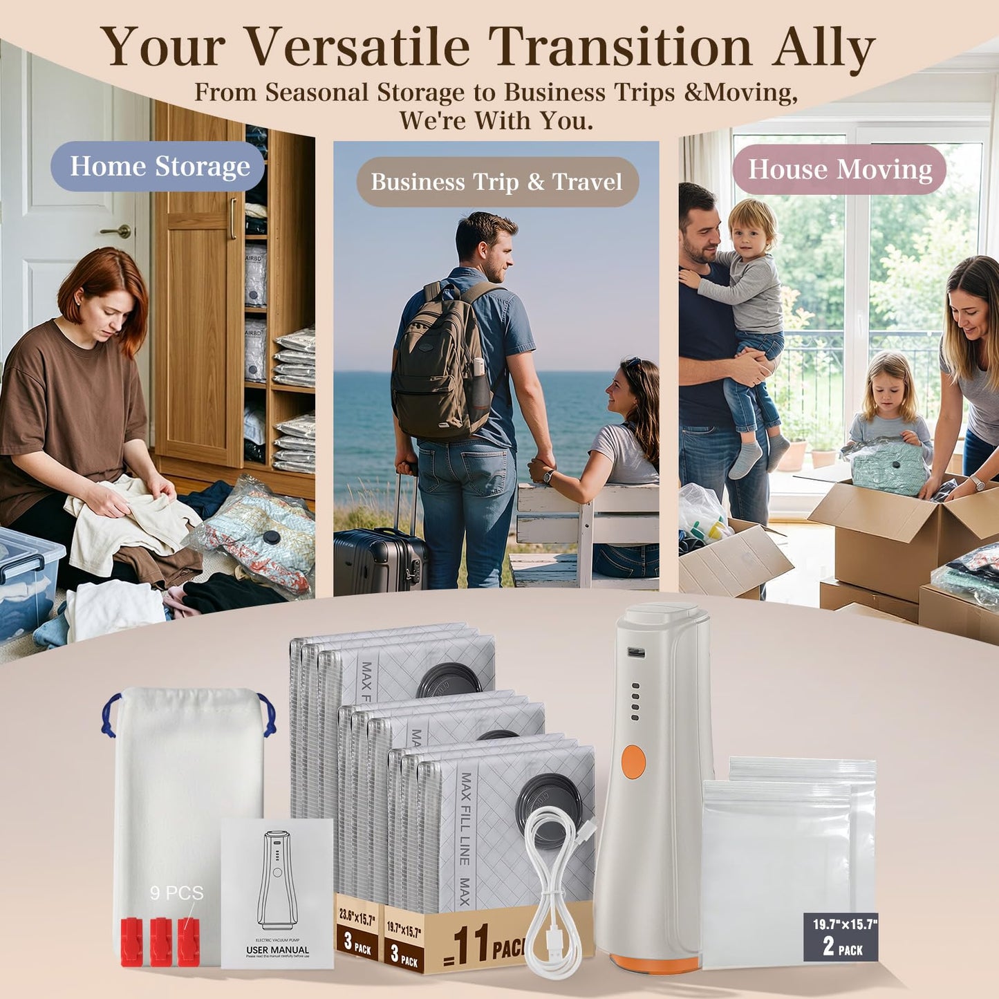QcoQce Vacuum Storage Bags with Rechargeable Electric Pump, Space Saver Bags for Travel, Vacuum Seal Bags for Clothing, Bedding, Seasonal Storage, Compression Packing Bags for Suitcase
