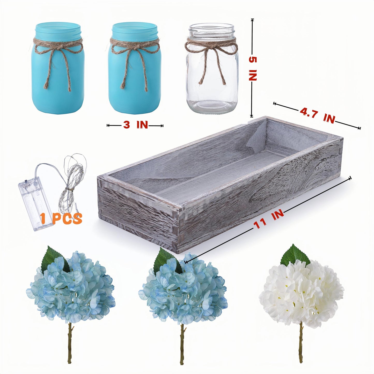 Coastal Beach Decor, Mason Jar Lights Beach Party Themed Decorations Centerpieces with Hydrangea, Sarfish Decor, Wood Tray, Coastal Beachy Table Summer Decoration for Dining Room Coffee Kitchen