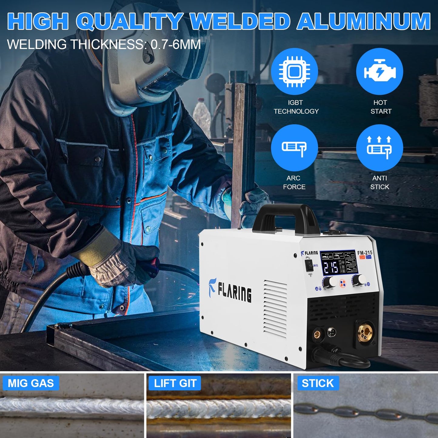 FLARING Plasma Cutter,65 Amp Plasma Cutter Machine 120V 240V 4/5" (20mm) Max Cutting 1/2" (12.7mm) Clean Cut with FLARING MIG Welder 215amp 6 IN 1 Welder Machine 120V/240V 2lbs/11lbs Wire Compatible