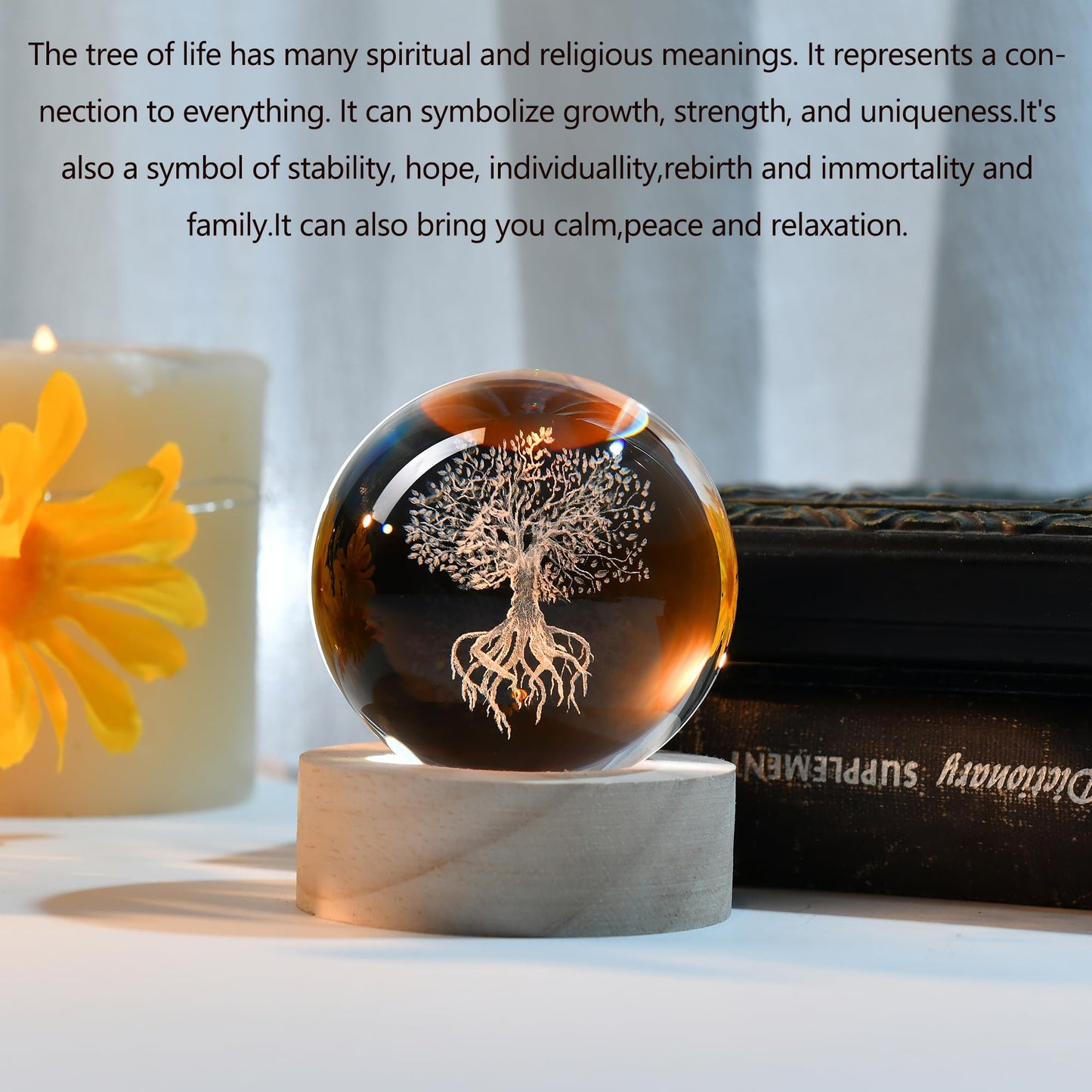 IFOLAINA Tree of Life Crystal Ball with Lighted Base Laser Engraved Glass Ball Tree of Life Night Light Decorative Globes 3D Crystal Plant Sphere Gifts for Her Birthday