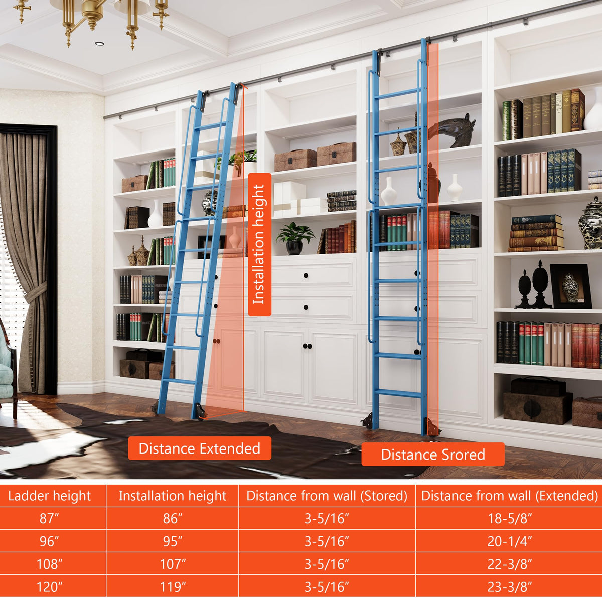 DIYHD 87" Lightweight Sliding Library Ladder with Handrail, Rolling Bookshelf Ladder with 4FT Rail System, Telescopic Top Hook, Upright Space-Saving Storage Design, 7 Steps, 300 Pound Capacity, Blue
