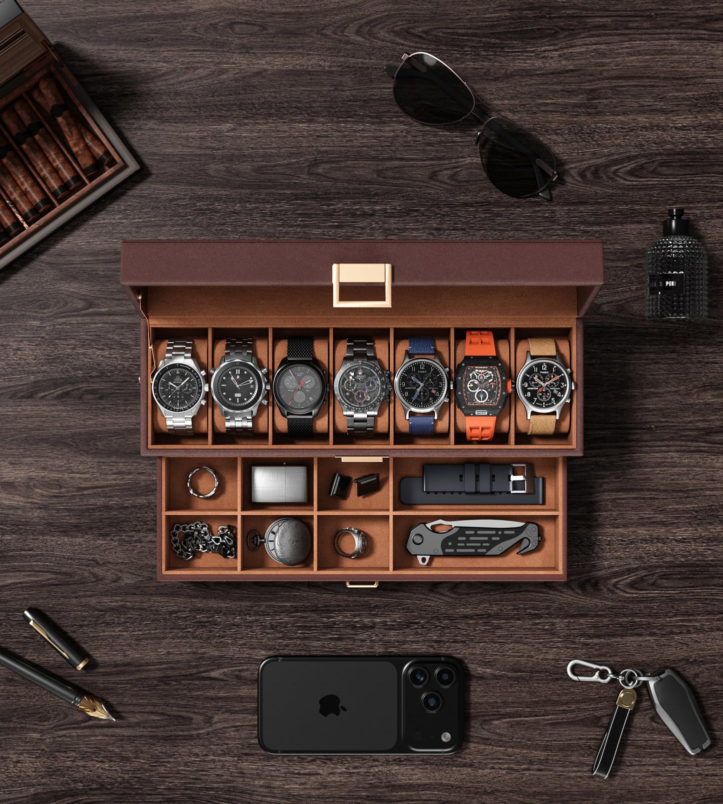 sensok Watch Case Box for Men - 7 SLots Watches Storage Organizer Real-Glass Display Case with Jewelry Drawer 2-Layer PU Leather Collection Holder Gift for Loved Ones Brown