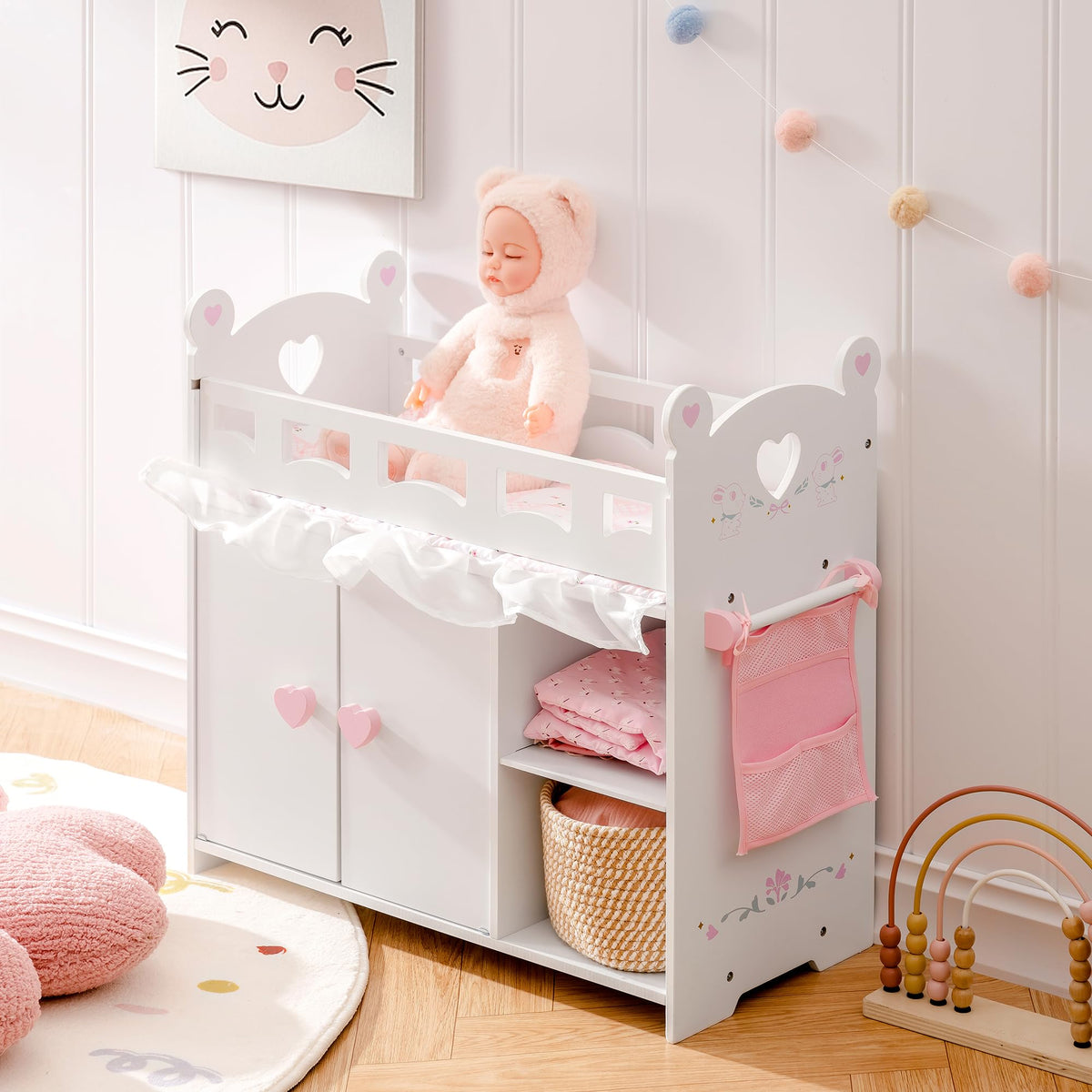 ROBUD Baby Doll Crib, Wooden Doll Bed, Baby Crib Toy with Storage, Bedding, Storage Bag and 3 Hooks, 18-21 inch Doll Accessories, Girl Doll Furniture Ages 3+ (White)