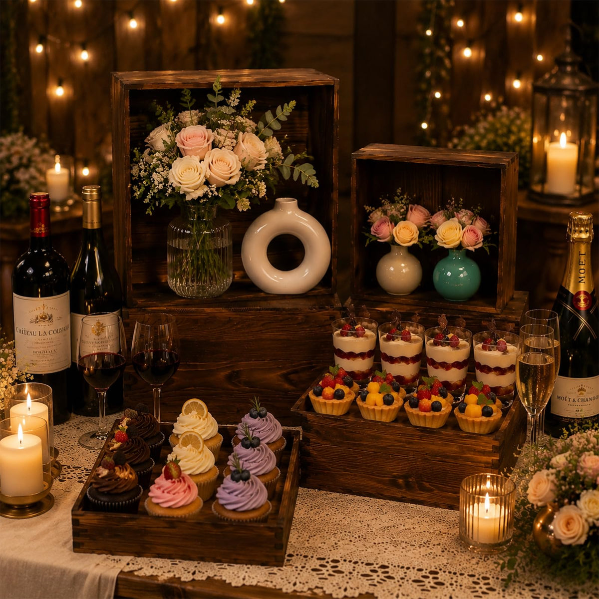 WQLLWFC 6 Pack Wooden Buffet Risers 12inch Square Wood Cupcake Dessert Food Display Stands, Rustic Buffet Catering Supplies Display for Party, Wedding, Catering, Birthday and Home Decor