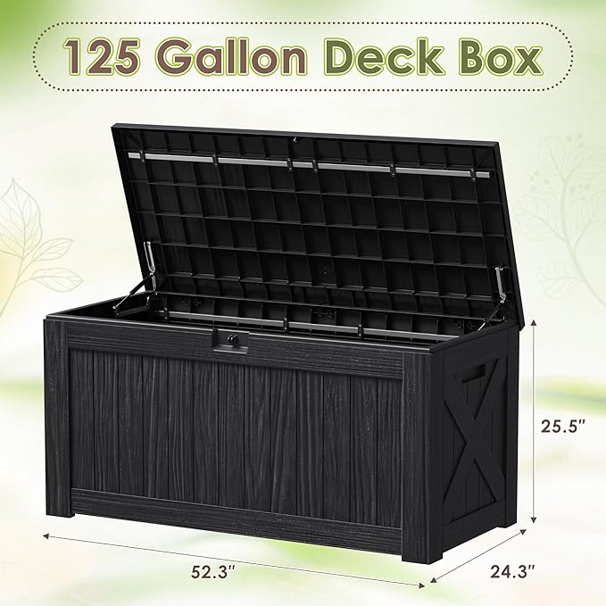 Devoko 125 Gallon Outdoor Storage Box, Waterproof Resin Deck Box for Patio Furniture, Lockable Container for Garden Cushions & Pool Supplies (Black, 125 Gallon)