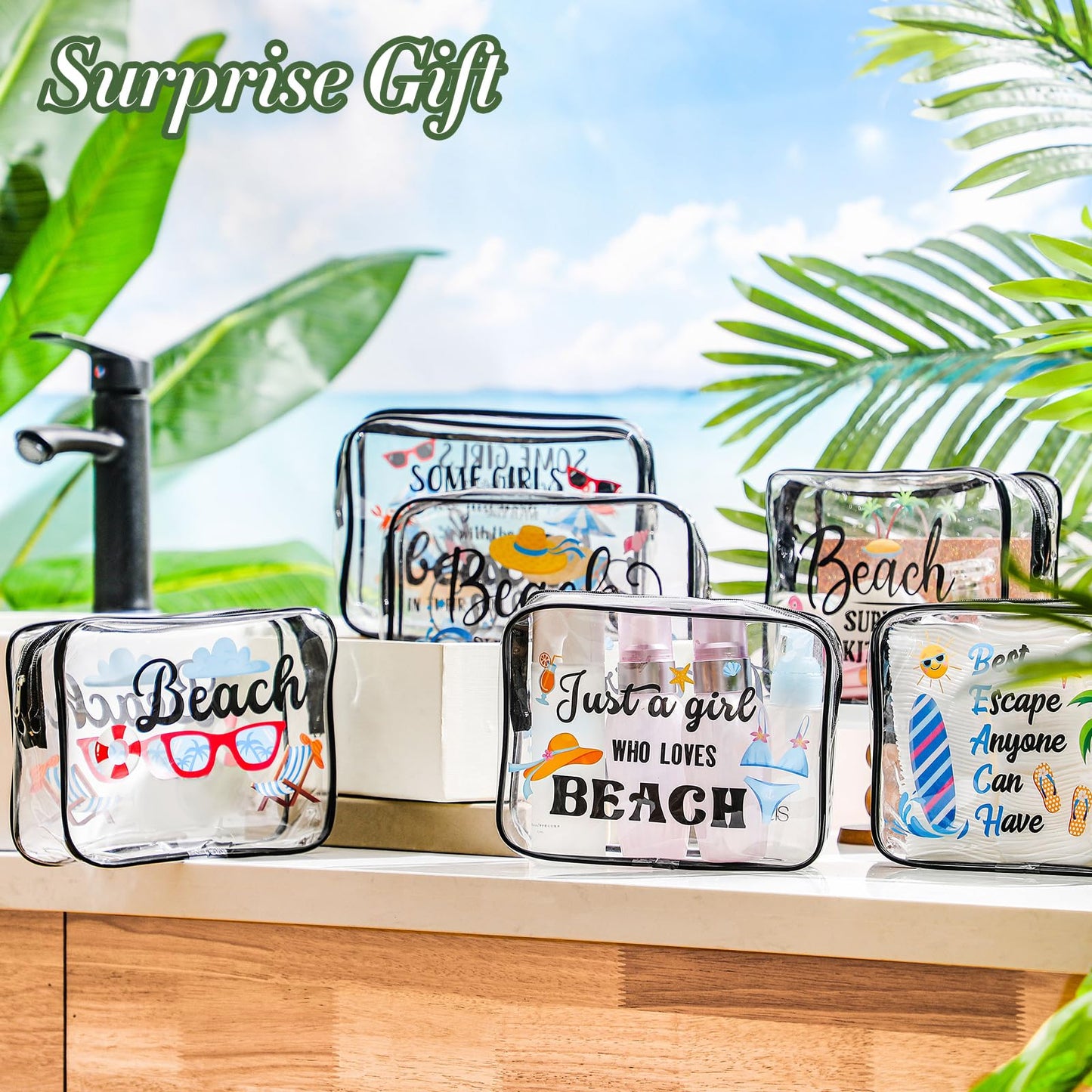 Cunno Makeup Bags Gifts for Women Teacher Beach Cruise Swim Nurse Dance Happy Graduation Gift Survival Kit Clear Cosmetic Bags PVC Waterproof Travel Toiletry Handbags Purses Organizer(Beach Style)