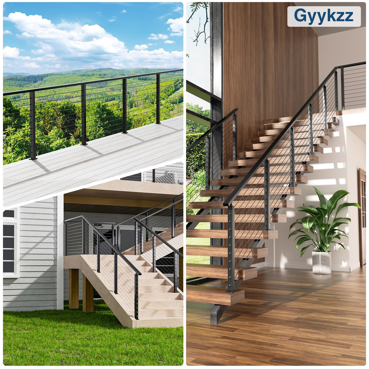 Gyykzz 12FT Stainless Steel T304 Black Handrail, 3 Pack Rectangular Cuttable Handrail Flat Top Rail 2-3/8"x1-3/16 with Nylon End Caps for Indoor Outdoor Deck Stair Cable Railing System DIY Balustrade