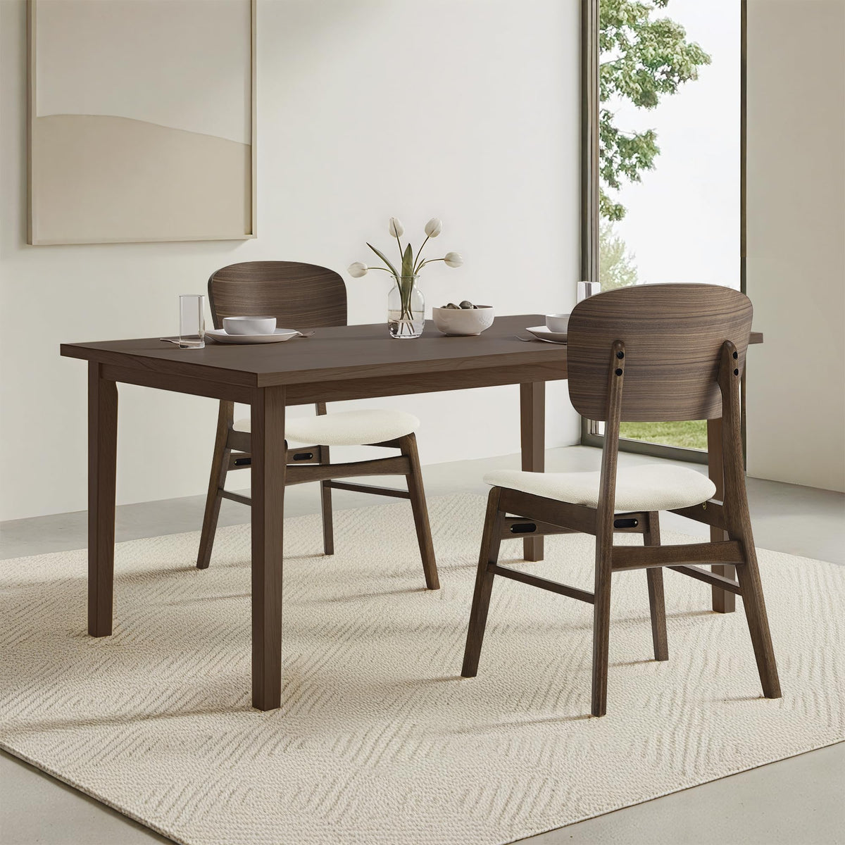 KISLOT Wooden Dining Chairs Set of 4, Upholstered Modern Dining Room Chairs, Mid Century Oak Kitchen Chairs with Ergonomic Wood Backrest for Farmhouse, Restaurant, Cafรฉ (Cream Fabric & Walnut Color)