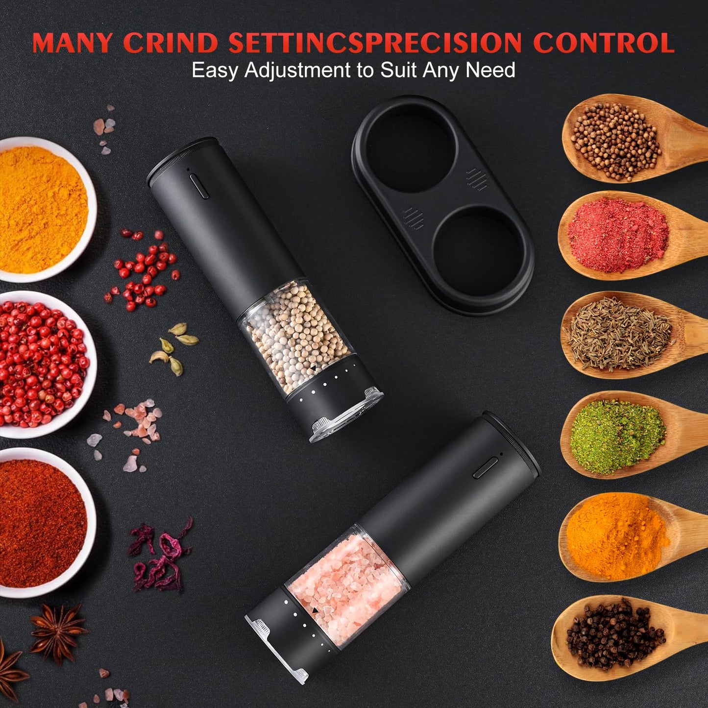 Electric Salt and Pepper Grinder Set - Rechargeable Automatic Salt and Pepper Shakers, External Adjustable Coarseness, LED Light, USB Rechargeable,Home Gifts, Black (Set of 2)