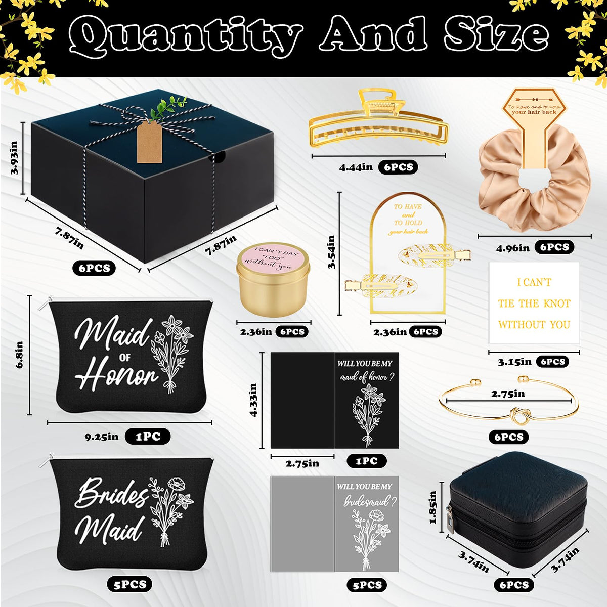 CITYCHALET 73Pcs Bridesmaid Gifts Set of 6 Black,Maid of Honor Proposal Gift Boxes Set,Cosmetic Bag Scented Candle Jewelry Box Metal Hair Clip Knot Bracelet Bachelorette Party Bridal Shower