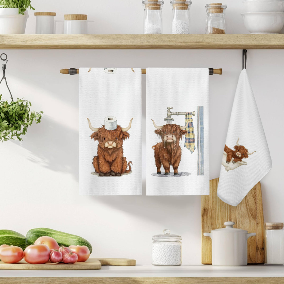 LADOCK Funny Highland Cow Bathroom Hand Towels, Highland Cow Gifts for Women, Humor Farm Animal Heifer Decorative Hand Towels for Bathroom Washroom Restroom, 16x24 Inch Set of 3