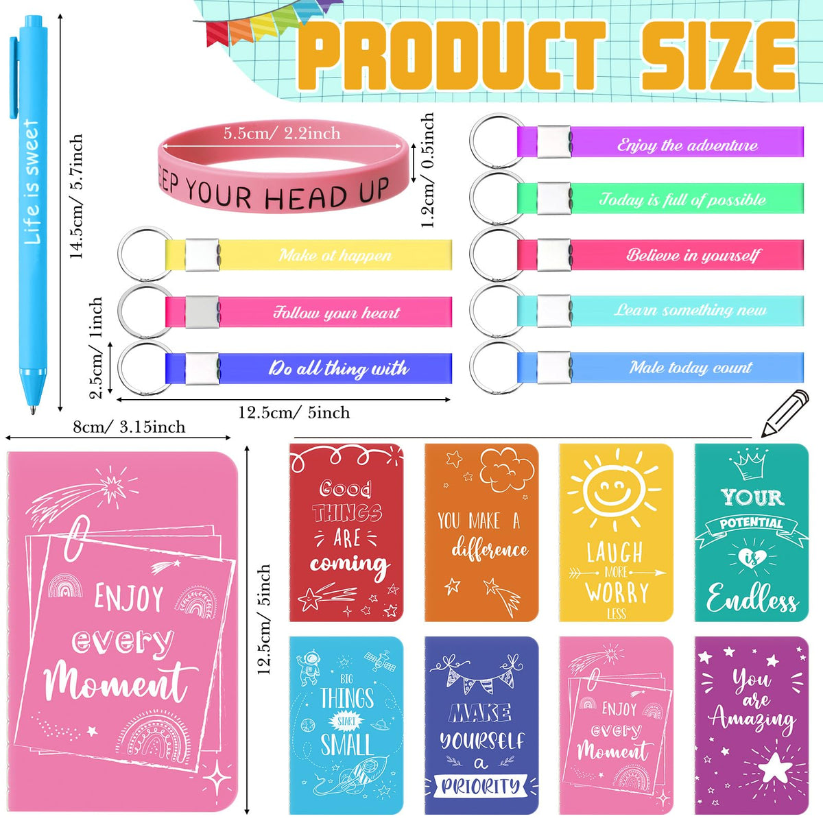 PerKoop 64 Pcs Inspirational Gifts Bulk 16 Motivational Notebooks Journal 16 Ballpoint Pens 16 Wristbands 16 Keychains for Teacher Office Women Employee Party Favor(Watercolor)